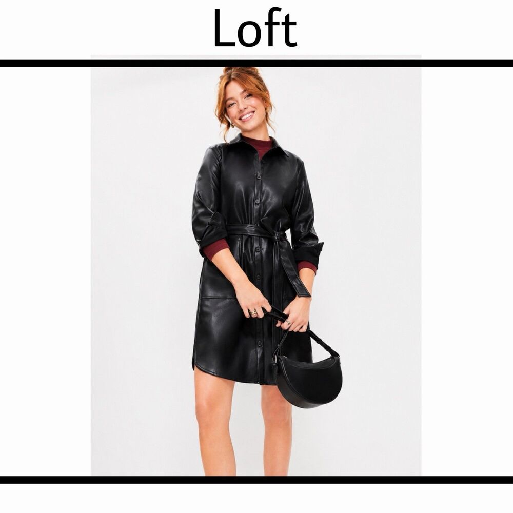 LOFT Black Faux Leather Shirt Dress Belted NWT Women’s Size 4 Classic